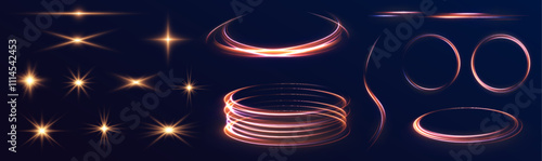 Bright neon light circles, abstract spiral trails, sparks, and fire flashes with swift movements generate a sense of dynamic energy, glowing bursts, and motion effects on a dark background.