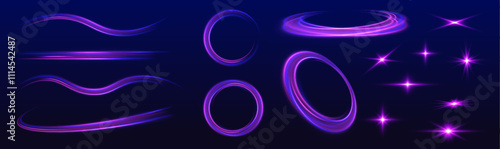 Bright neon sparks, light trails, and fire flashes create dynamic abstract art with vivid pink, purple, and blue lines, speed effects, and glare against a dark background for holiday designs.