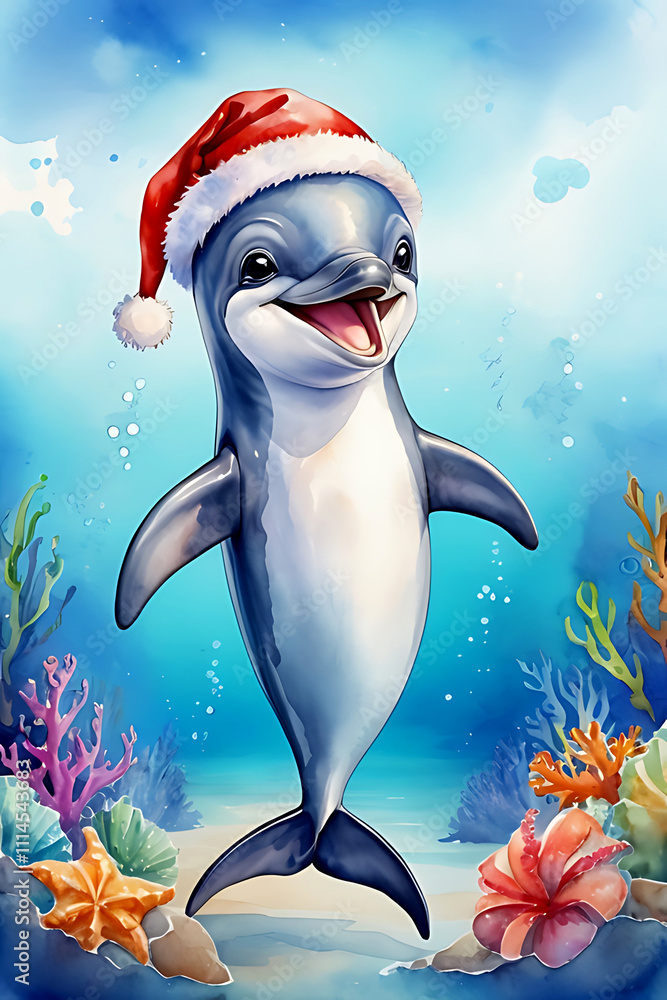 Naklejka premium A Dolphin wearing a Santa hat