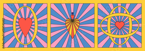 Playful Colorful Square Cards with Hearts. Valentines day. Mystical Tarot cards vibe. Y2k Simple shapes, gambling. Sunburst Background, love mood. Magic Design elements. Fantastical vibrant aesthetics