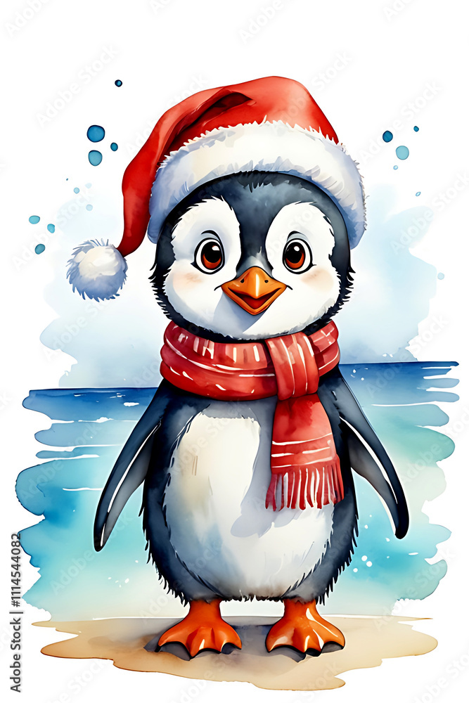 Obraz premium A Penguin wearing Santa hat