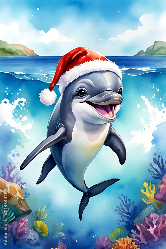 Naklejka premium A Dolphin wearing a Santa hat