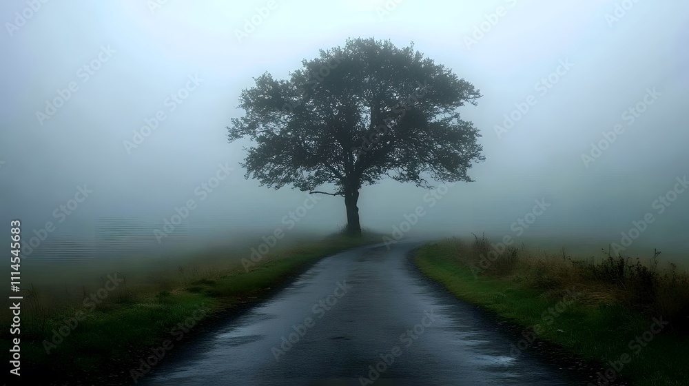 Mysterious pathways enveloped in fog lead to a solitary tree under a moody sky