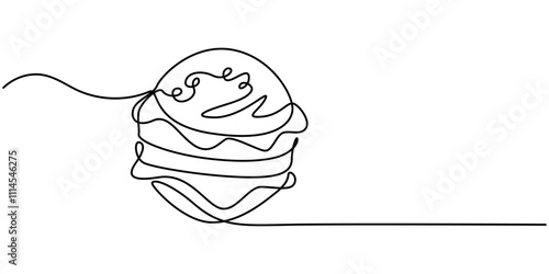 Single line drawing of burger. Fast food hamburger made of one continuous line, vector, Fast Food continuous line drawing with color shapes, burger with continuous one line drawing style. editable. 