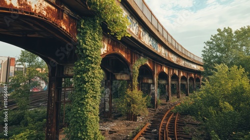 A massive, curving steel bridge that stands tall over a forgotten commercial space, its pillars partially covered in ivy and rust, representing urban decay and renewal.