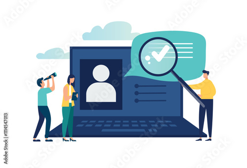 Vector illustration, small people fill out the form, modern concept for web banners, infographics, websites, printed products, filling out resumes, hiring employees