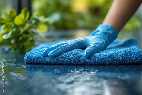 A gloved hand wiping a table with a cloth, showcasing cleanliness and hygiene. A modern and professional design for cleaning themes. Banner with space for text photo