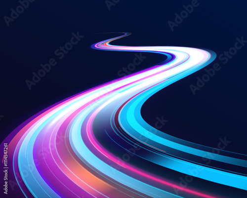 This graphic showcases the flow of high-speed data traffic, illuminated by neon light and dynamic light traces. The design reflects the concept of big data traffic streams. 