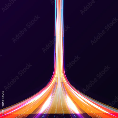 Panoramic high-speed technology concept with abstract light trails and glowing neon colors in blue, yellow, and orange, representing the rapid motion and energy in a futuristic environment.