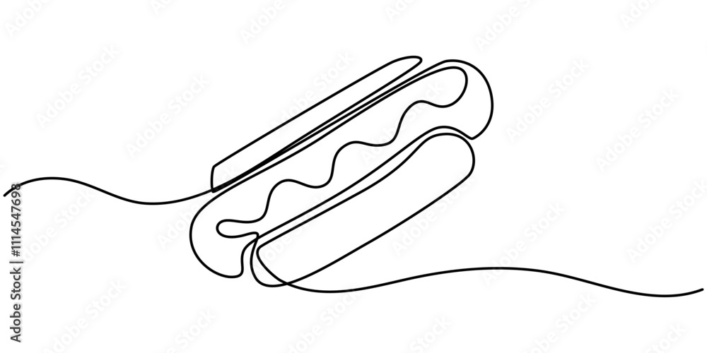 Obraz premium Hot dog continuous line drawing. Minimalist food and drink concept isolated on white, Continuous line art Hot Dog sausage full topped, ketchup,mayo melted for vector illustration colorful. Concept.