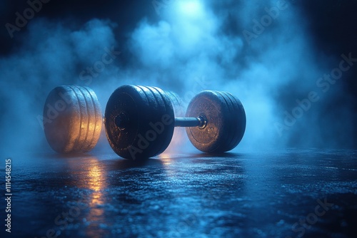 A heavy barbell resting on the gym floor, captured in close-up. A powerful and dynamic representation of strength and fitness. Banner with space for text photo