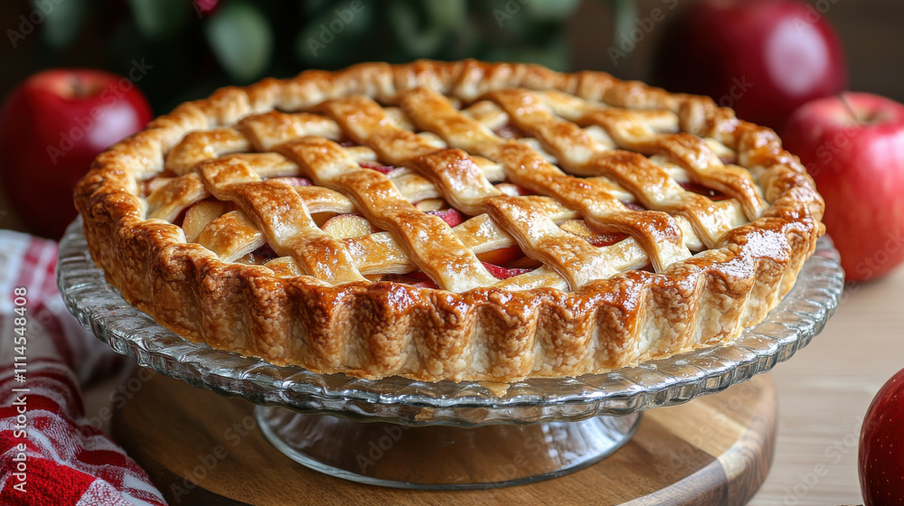Delicious apple pie with golden lattice crust, perfect for Thanksgiving celebrations. warm, inviting aroma and fresh apples create delightful dessert experience Delicious apple pie with golden lattice crust, perfect for Thanksgiving celebrations. warm, inviting aroma and fresh apples create delightful dessert experience