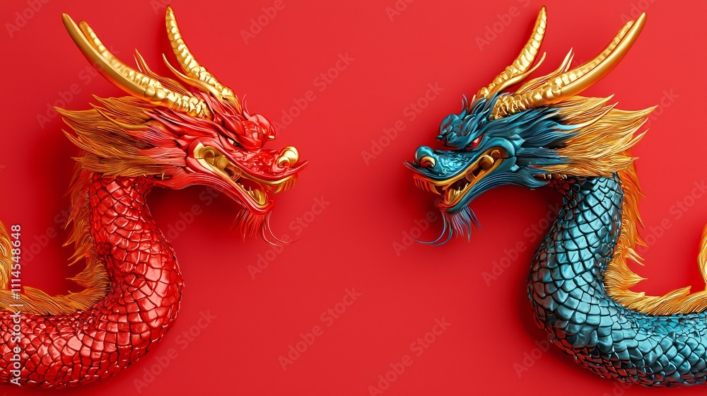 Fototapeta premium Red Blue Chinese Dragons Gold Accents Festive Mythical Creatures Asian Culture Symbol Art 3D Render