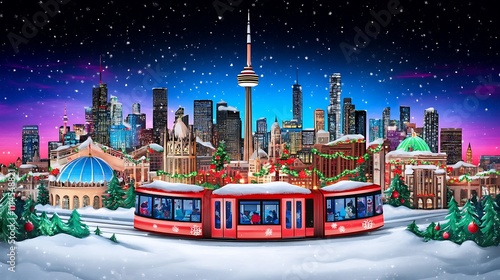 A Snowy Christmas Eve in Toronto Cityscape Featuring a Streetcar