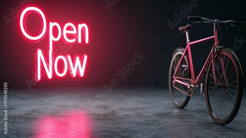 Open now concepts. A bicycle next to a glowing neon sign that says 