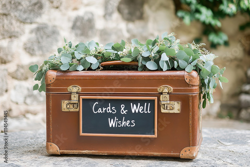 Rustic suitcase serves as card box, adorned with eucalyptus garland and sign Cards and Well Wishes photo