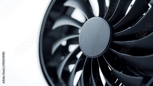 Close-up of a black cooling fan with curved blades against a white background. photo