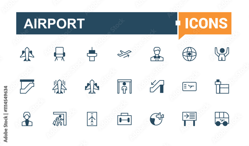 Airport icons in linear style. Contains such icons as travel, aviation, flight, aircraft, air, airline, airplane and more. Minimal linear icons. Outline and solid pictogram. Airport icons in linear style. Contains such icons as travel, aviation, flight, aircraft, air, airline, airplane and more. Minimal linear icons. Outline and solid pictogram.