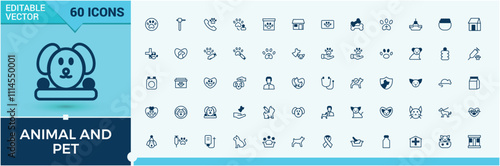 Animal And Pet icons. Includes thin line vet, animals, pet, pet shop, animal, veterinary and more. Thin linear style icons. Outline and solid pictogram.