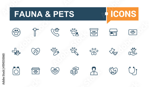 Fauna & Pets linear icon collection. Containing pet shop, animal, veterinary, animal lymph, pet, animals, vet and more. Outline icon collections. Editable vector outline and solid icons.
