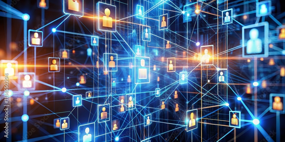 Naklejka premium Global Network Interconnected Digital Identities in Blue and Orange Hues