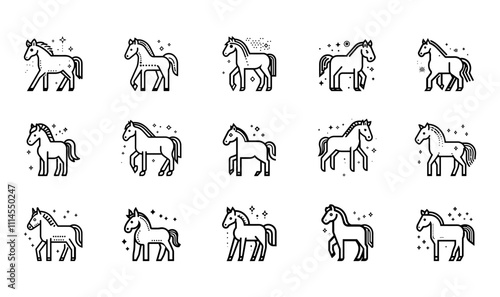 Horse icon set. Black line icon pet for race or sport. Vector illustration collection animal farm or ranch. Domestic pet pony.