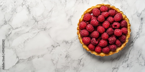 Fresh raspberries atop a golden tart on a marble background, top view, ample text area. photo