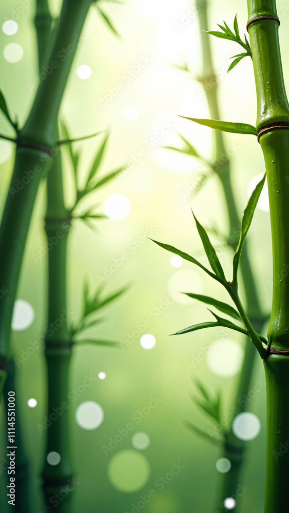 Obraz premium Elegant bamboo stems with fresh green leaves, captured in a minimalist composition against a soft beige background for a calming and nature-inspired design