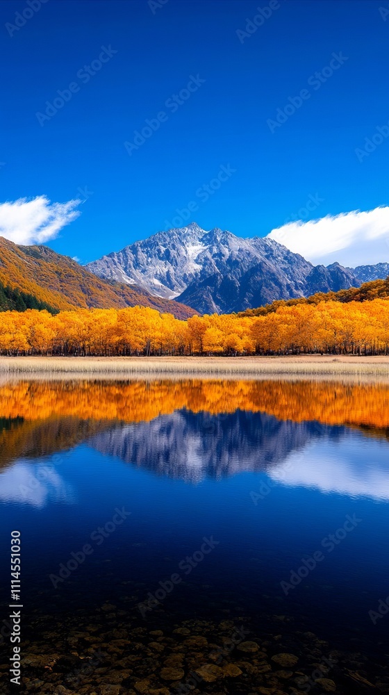 Naklejka premium A lake with a mountain in the background and a blue sky
