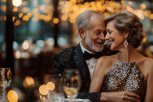 Pareja de hombre y mujer maduros abrazados juntando sus caras, vestidos con ropa elegante de fiesta, sobre fondo nocturno desenfocado, de un local iluminado con efecto bokeh dorado photo