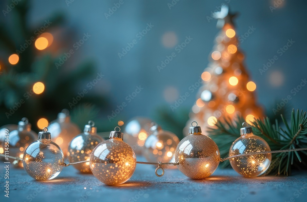 Fototapeta premium festive glass bauble Christmas tree, concept of home decor store, holiday event planning agency, winter decorations