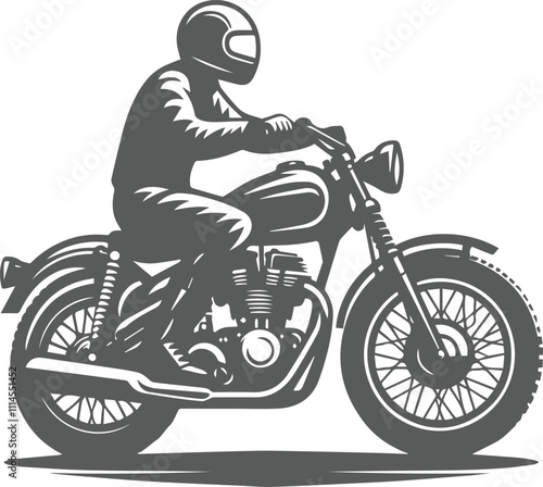 Biker rides a retro motorcycle silhouette black and white design vector illustration