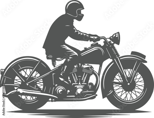 Biker rides a retro motorcycle silhouette black and white design vector illustration