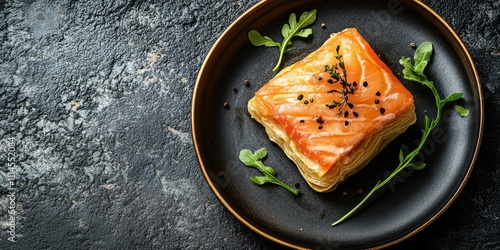 Salmon in puff pastry plated elegantly on a stone-textured background, top view, text space. photo