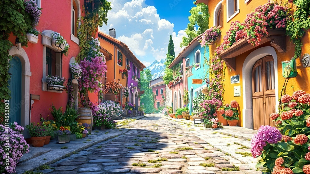Fototapeta premium A charming historic street filled with colorful houses and blooming flowers, radiating warmth and charm.