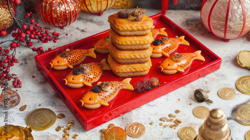 Festive lunar new year nian gao layered cake arrangement for celebration and decoration photo