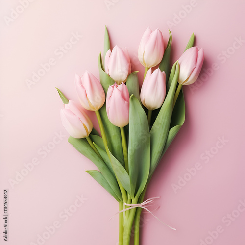 Flowers pink tulip bouquet on matching background.



