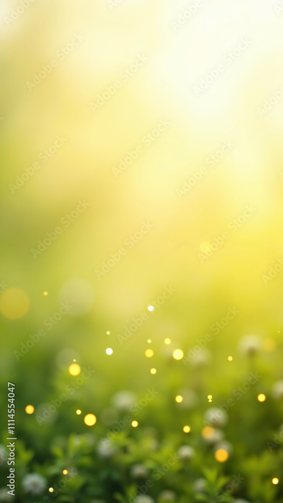 Obraz premium Fresh green grass with morning dew and glowing sunlight on a vibrant yellow background, creating a bright and refreshing nature-inspired design