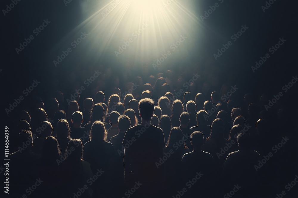 Obraz premium Man stands out in a crowd under a spotlight, symbolizing success and hope, inspiring with his uniqueness and leadership
