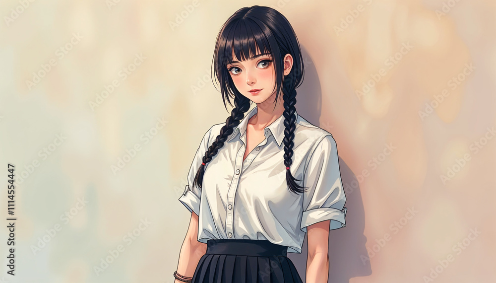 Fototapeta premium Anime Girl with Braided Hair in White Shirt - Stunning Digital Artwork