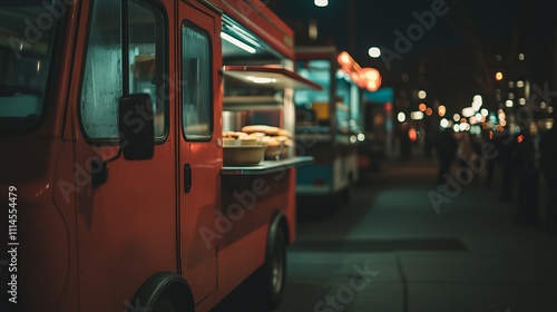 Red food truck at night with illuminated menu, urban street setting.
