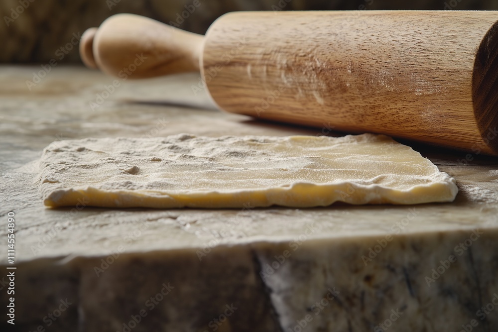 A thin sheet of pasta dough and a wooden rolling pin on a marble countertop, showcasing the simplicity of homemade pasta preparation A thin sheet of pasta dough and a wooden rolling pin on a marble countertop, showcasing the simplicity of homemade pasta preparation