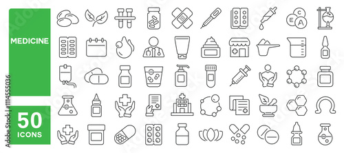 Set of 50 line icons related to medicine, healthcare, medical, treatment, prescription, pharmacy, syrup, antibiotic, dose, Editable stroke. Vector illustration