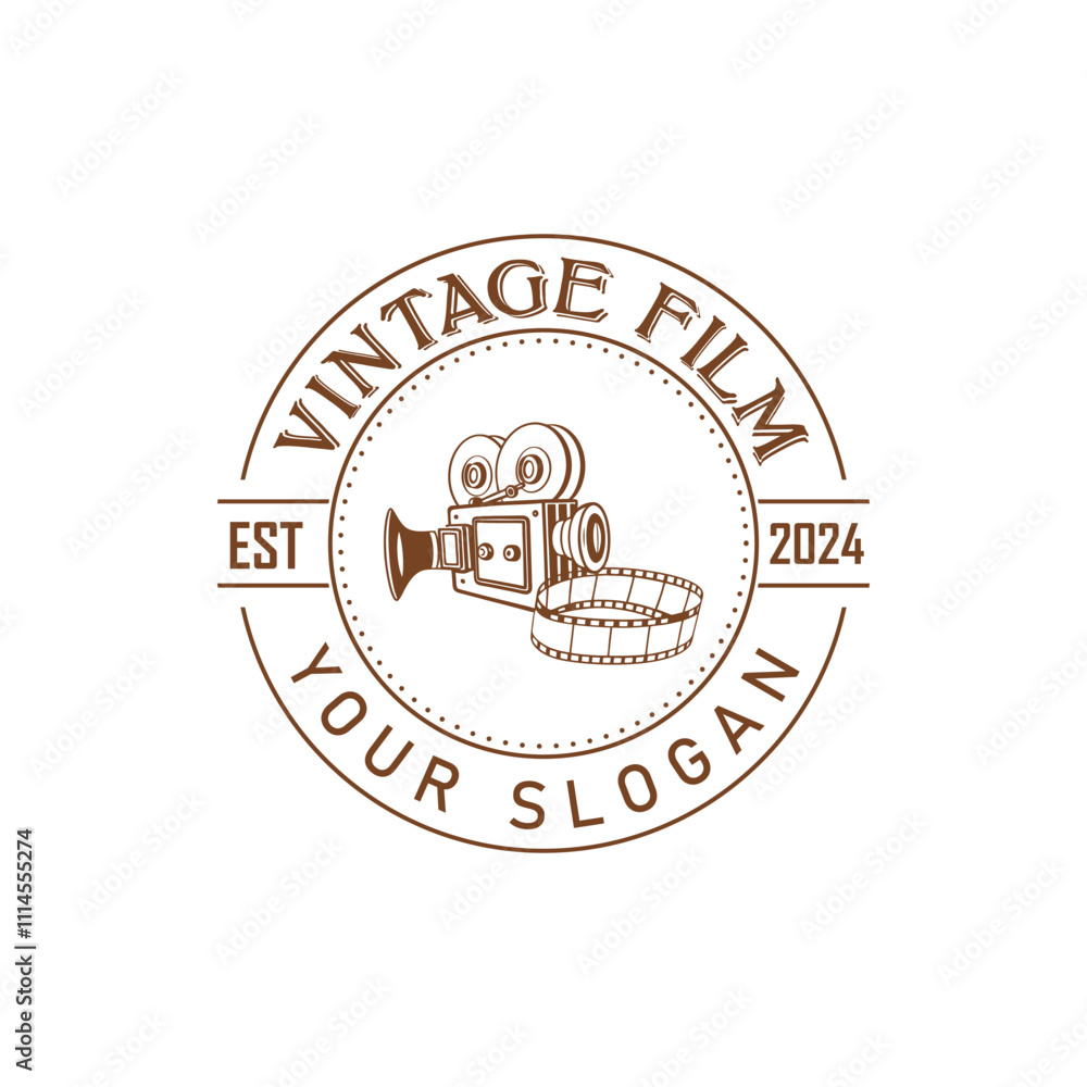 Obraz premium Hand drawn vintage style film production logo design template with vector illustration 