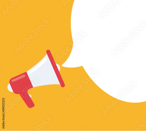 vector megaphone speaker for attention. simple flat megaphone speaker or loudspeaker, speech bubble, on yellow background