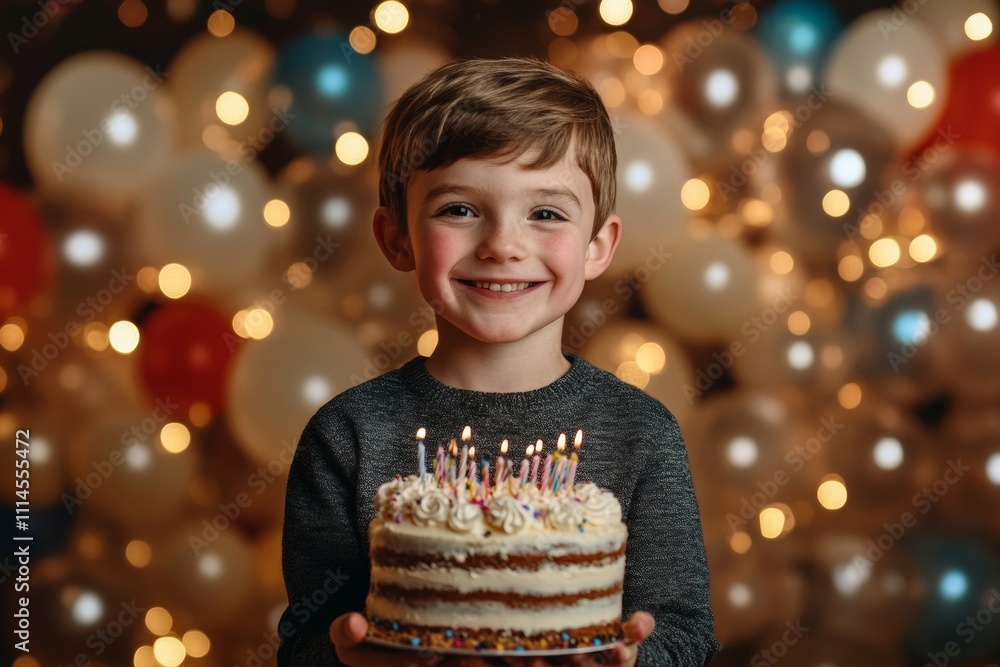 Naklejka premium Happy Boy Holding a Birthday Cake With Candles On Top, Photo, Colorful Balloons In The Back, Birthday Party Concept, Festive Background