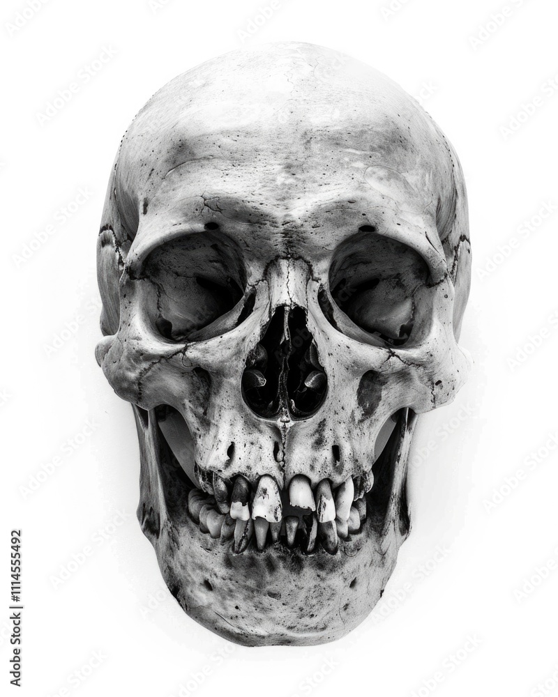 Fototapeta premium Skull Black And White. Realistic Human Skull on White Background