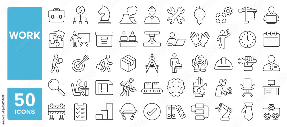 Set of 50 line icons related to work, business, finance, office, production, workplace, task, desk, salary, company, Editable stroke. Vector illustration Set of 50 line icons related to work, business, finance, office, production, workplace, task, desk, salary, company, Editable stroke. Vector illustration