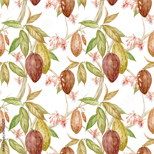 Seamless pattern with cocoa tree fruits and cocoa flowers. All elements are hand-drawn in watercolor and isolated from the background. photo