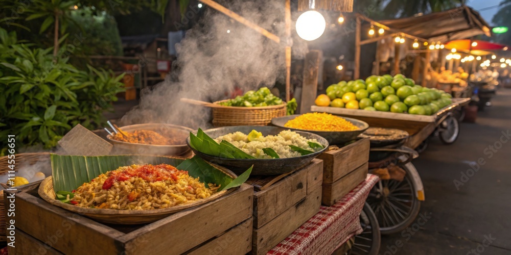 Obraz premium Colorful street food market showcasing various dishes and fresh produce in the evening